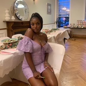 Lilac embroidered frill sleeve lace up bodycon dress